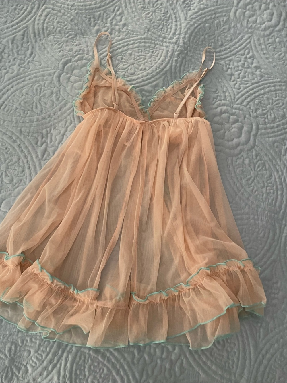 La Vie En Rose Pink Sheer Lace Babydoll with Teal Trim - Picture 2 of 5